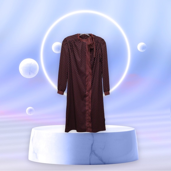 ILGWU Women's Size 6 Navy Blue/Red/Tan Long Puff Sleeve Polka Dot/Striped Dress - Picture 3 of 11